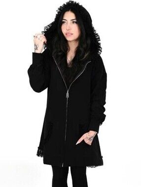 Foxblood New Lucy Long Black Hoody With Lace Details